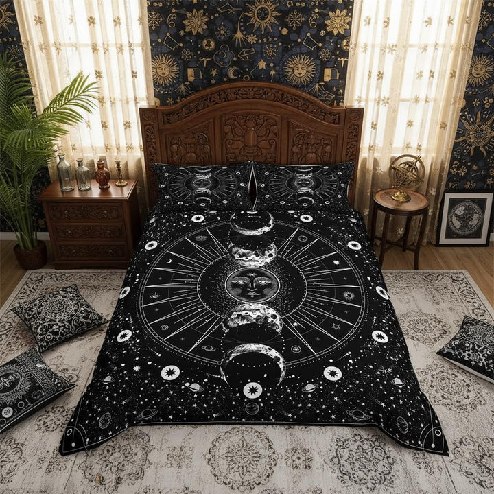 feelingyou Sonne Mond Bettwäsche-Set,Psychedelisch im Boho-Stil Bettwäsche Set 155x220cm,Schwarz und