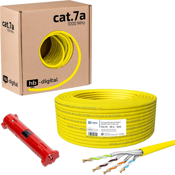 HB-DIGITAL 50m CAT.7a Netzwerkkabel Gelb Verlegekabel Ethernet LAN AWG23 Reines Kupfer S/FTP PiMF LS