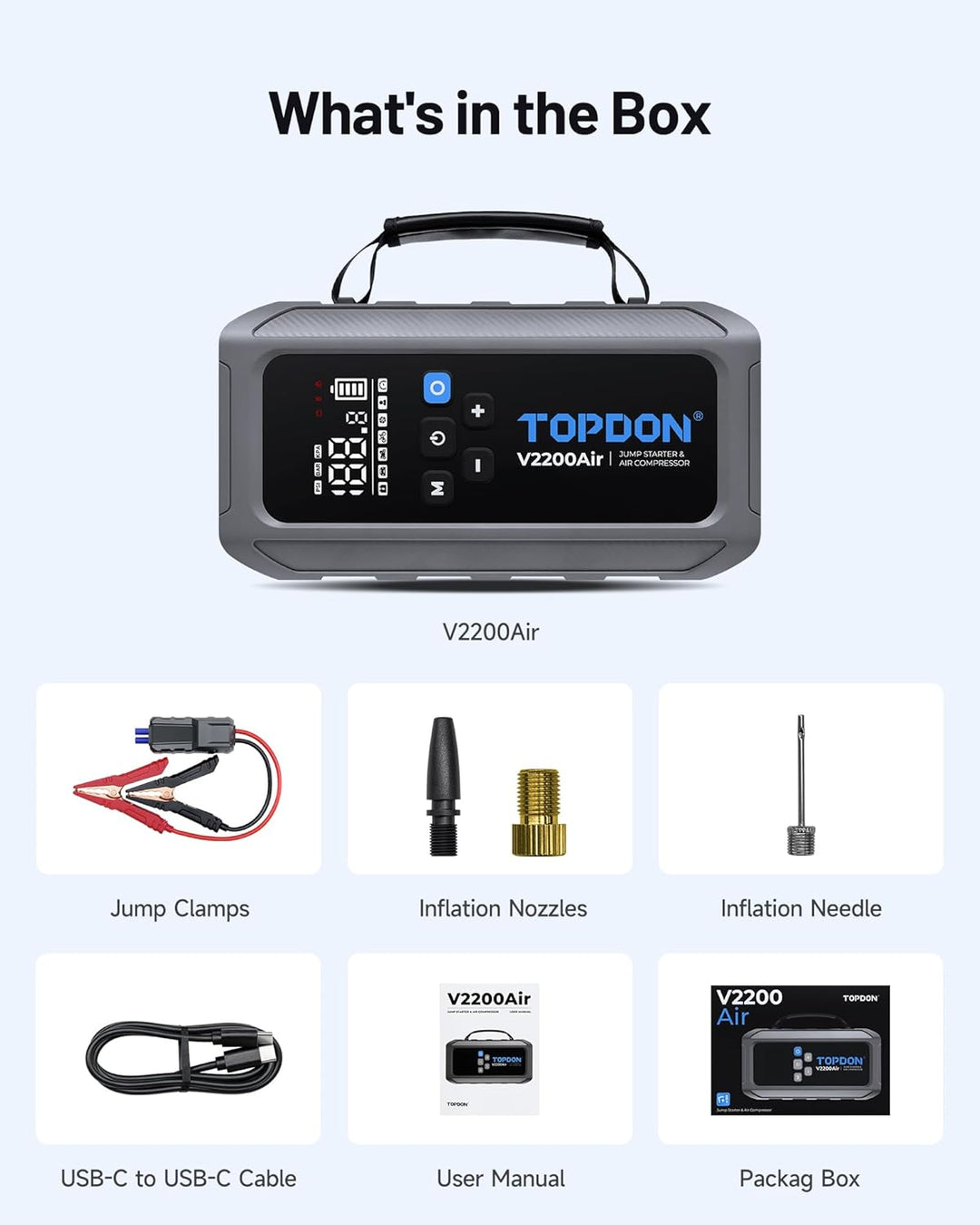 TOPDON V2200Air Starthilfe Powerbank für PKW mit 150PSI Luftkompressor, 8L Benzin&6L Dieselmotoren,
