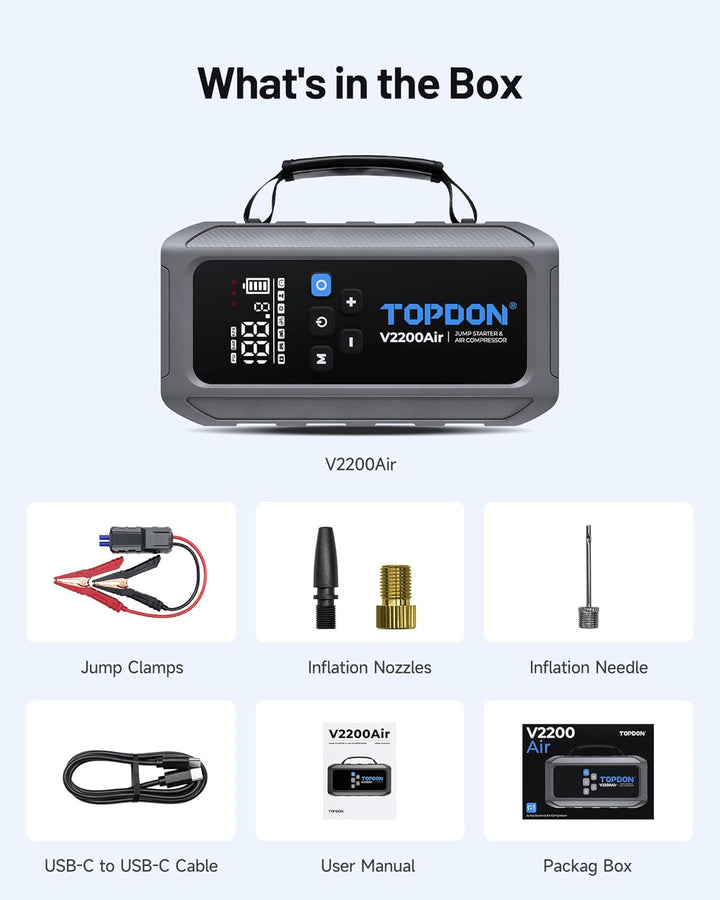 TOPDON V2200Air Starthilfe Powerbank für PKW mit 150PSI Luftkompressor, 8L Benzin&6L Dieselmotoren,