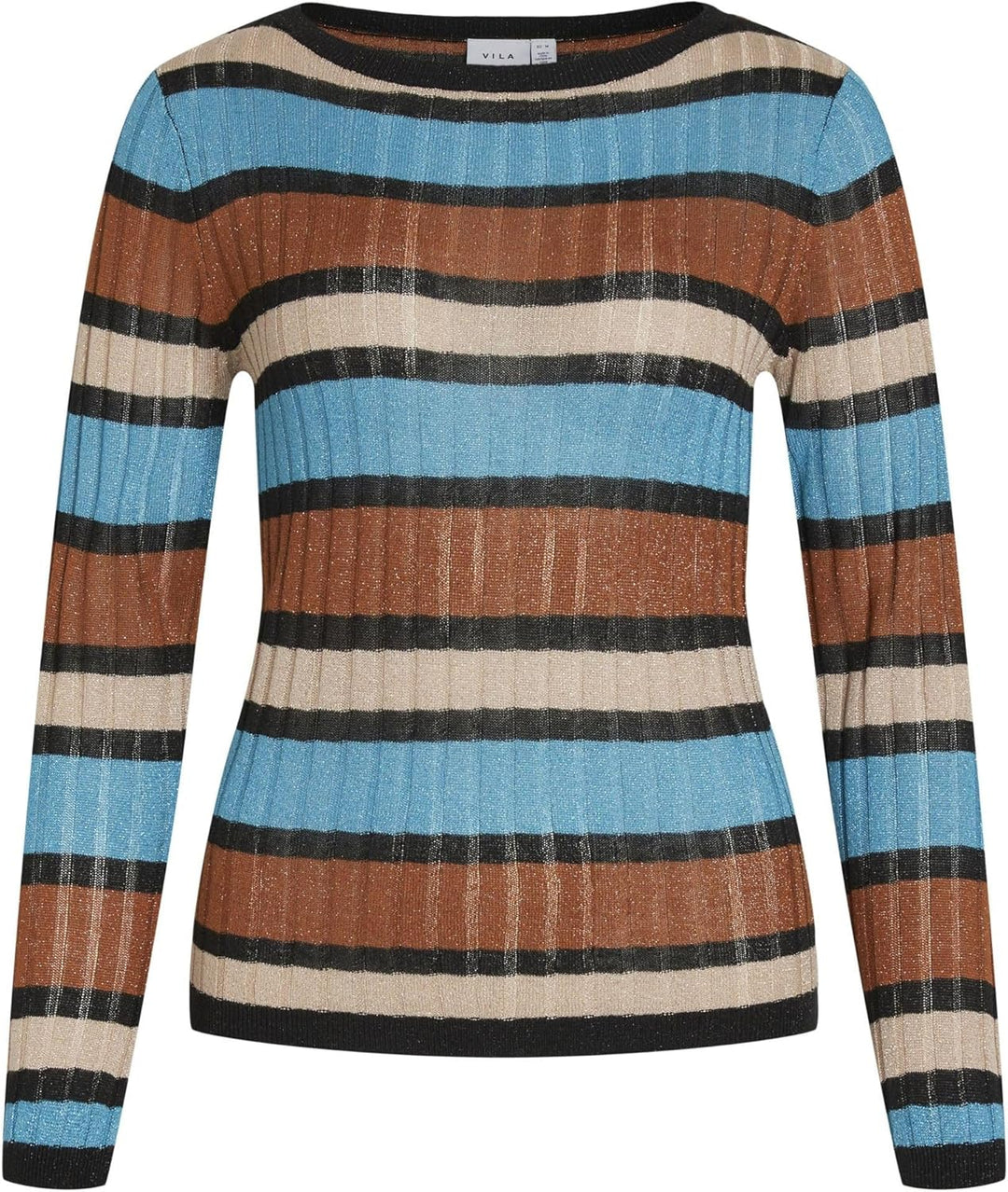 Vila Damen Viember New L/S Glitter Knit Top/Su Langarmshirt L Tahitian Teal/Stripes:doeskin/Caramel