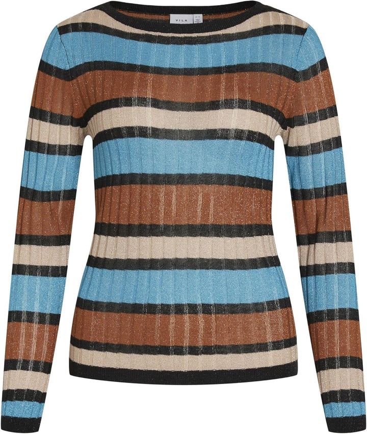 Vila Damen Viember New L/S Glitter Knit Top/Su Langarmshirt L Tahitian Teal/Stripes:doeskin/Caramel