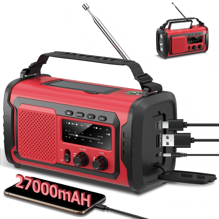 Kurbelradio 27000mAh Notfallradio mit Solar & Handkurbel, AM/FM Emergency Radio mit SOS Alarm, Bluet