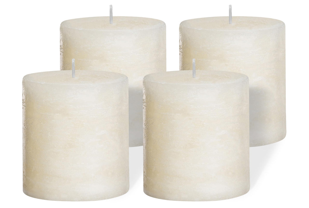 Brandsseller 4er Set Stumpenkerzen 7x7,5 cm – durchgefärbt & aus Paraffin – rustikale Kerzen mit lan