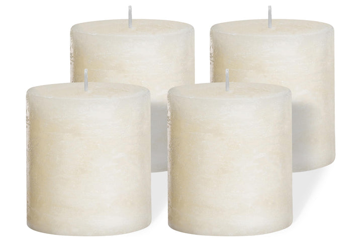 Brandsseller 4er Set Stumpenkerzen 7x7,5 cm – durchgefärbt & aus Paraffin – rustikale Kerzen mit lan
