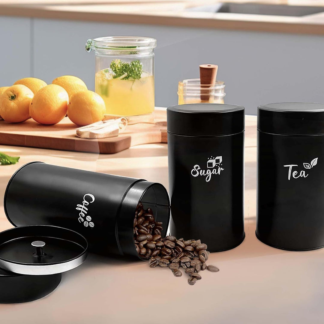 Daily Treasures 3er-Set Schwarze Teedosen mit Doppelverschluss, Aromadichte Edelstahl-Behälter für K
