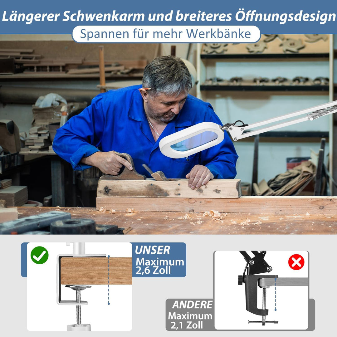 Veemagni 10X Echtes Glas Rechteckige Lupe mit Licht und Klemme, 5 Farbmodi Stufenlos Dimmen, 2 * 16
