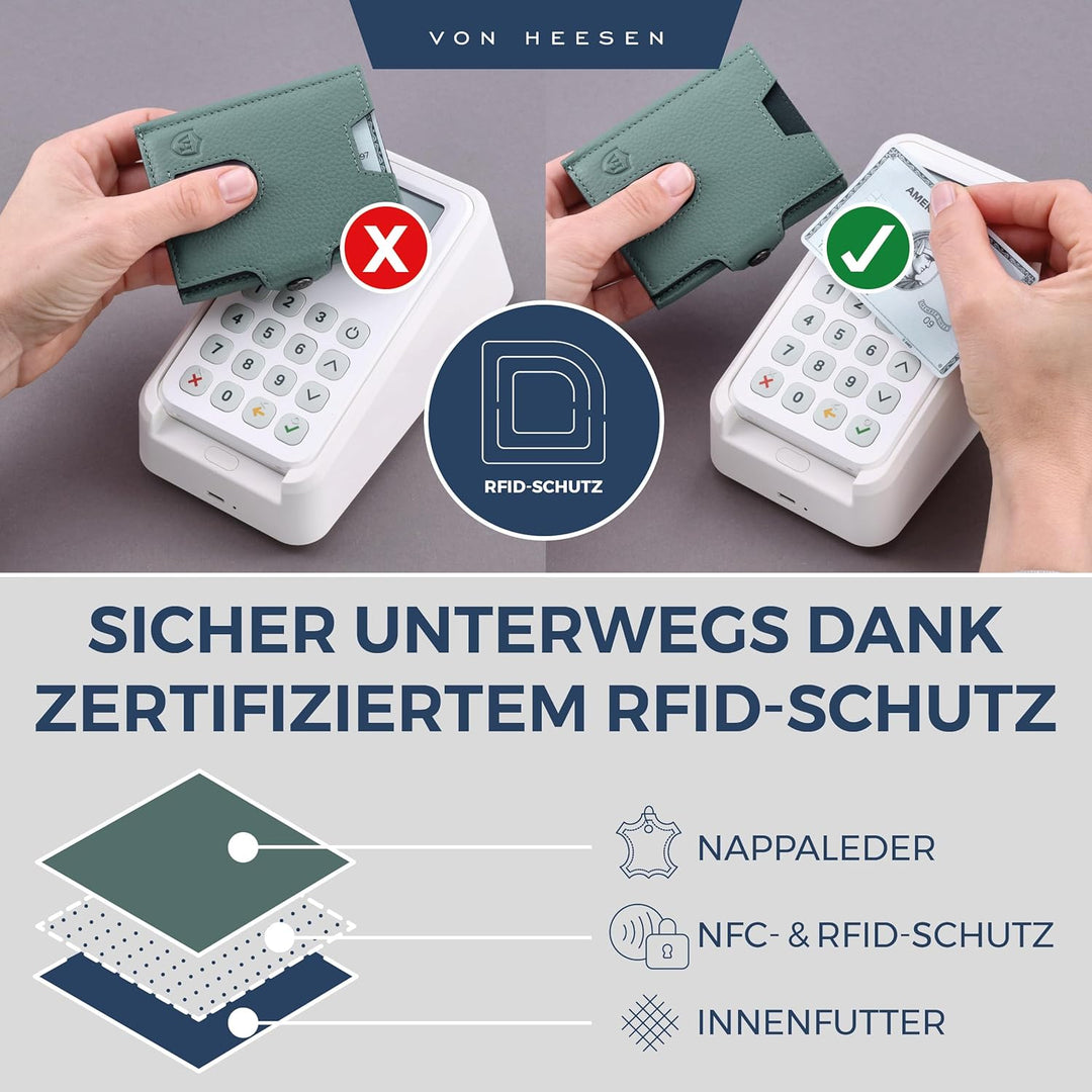VON HEESEN Slim Wallet mit XL Münzfach &amp; RFID Schutz - Leder Geldbörse Herren klein - Mini Geldbeute