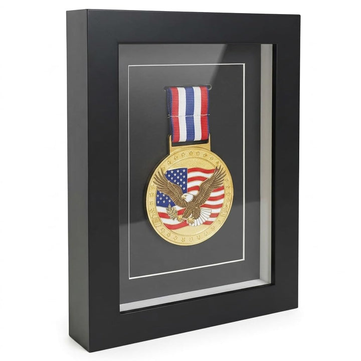 Medaillen-Vitrine – schwarze Holz-Medaillen-Schattenbox mit Glasfront, Militär-Medaillenbox für Spor