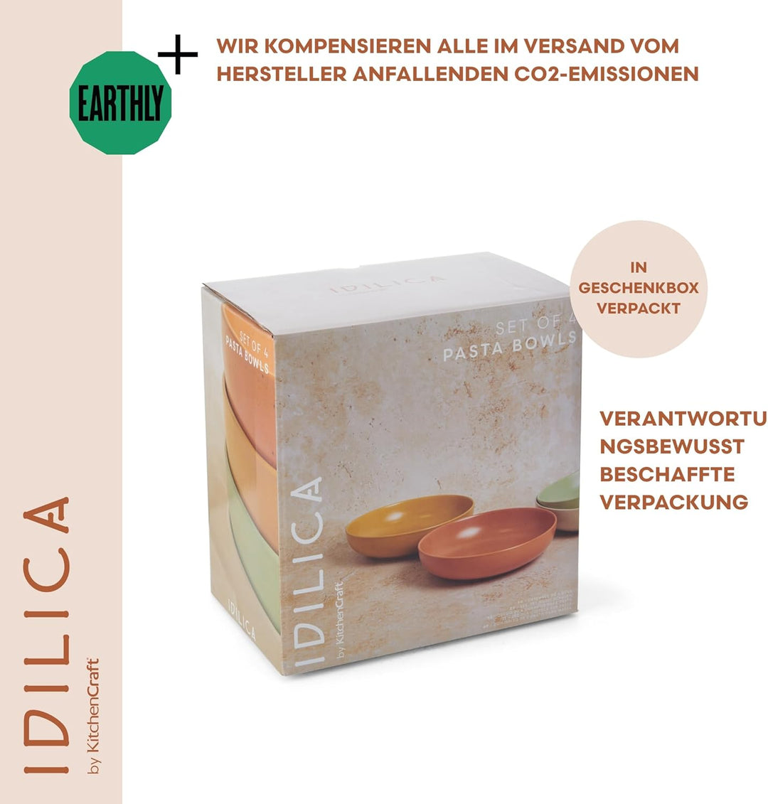 KitchenCraft Idilica Nudelschalen aus Steinzeug, 4er-Set flache Keramikschalen, mikrowellen- und spü
