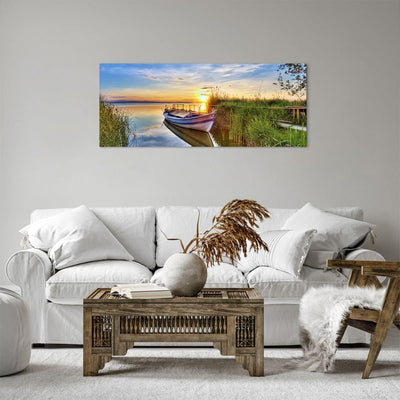 Panorama Bilder auf Leinwand 100x40cm Leinwandbild mit Rahmen See Boot Wasser Gross Wanddeko Bild Sc