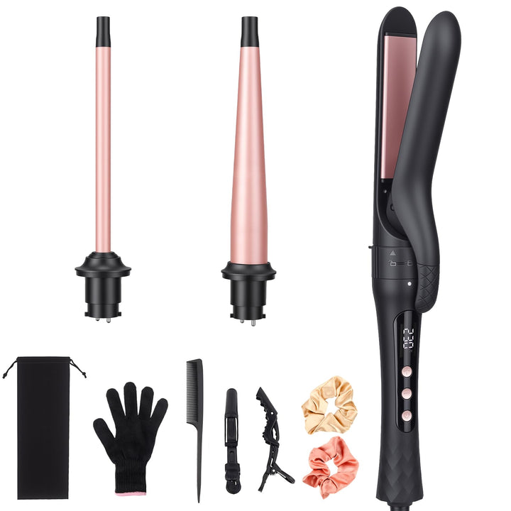 3-in-1 Lockenstab Set mit Glätteisen, Austauschbare Keramik-Turmalin Aufsätze für Grosse & Kleine Lo