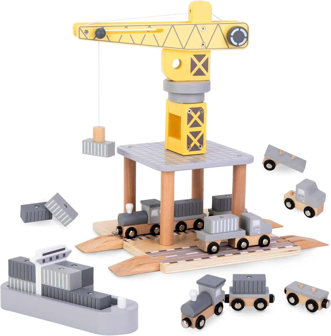 Mamabrum, Beweglicher Hafenkran mit Magnetwinde und Zubehör - Holz-Set, Beweglicher Kran, LKW, Wagen