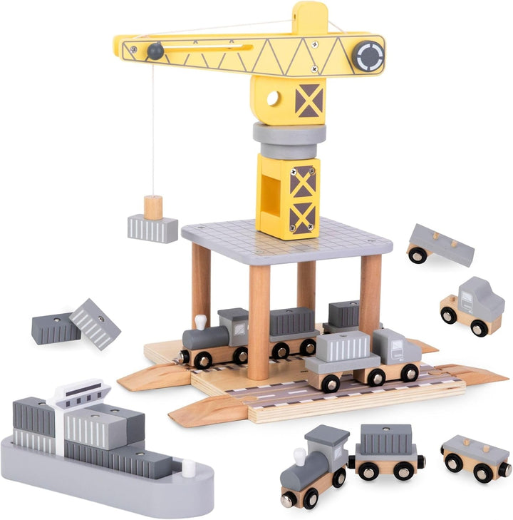 Mamabrum, Beweglicher Hafenkran mit Magnetwinde und Zubehör - Holz-Set, Beweglicher Kran, LKW, Wagen