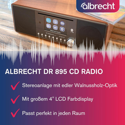 Albrecht DR 895 CD Kompaktanlage, DAB+/UKW/Internet/CD, 27896, Walnuss, mit 4" Farbdisplay, Stereo M