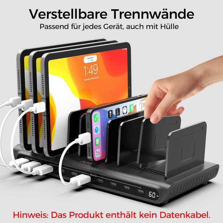 Alxum 60W 10 Port USB Ladestation für mehrere Geräte, LED Echtzeit-Digitalanzeige mit 8×USB-C & 2×US