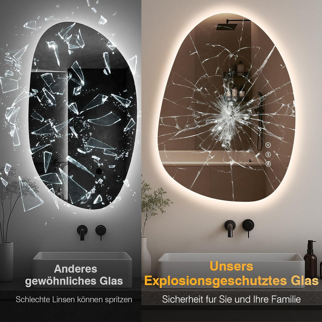 Asymmetrischer LED-Badspiegel mit Beleuchtung 75x55 cm, Beschlagfrei, 3 Lichtfarben Einstellbare Spi