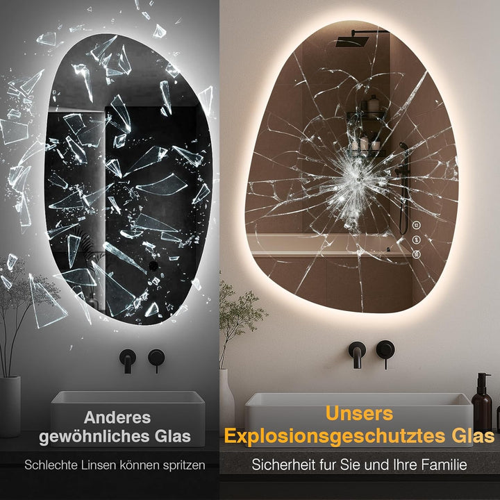 Asymmetrischer LED-Badspiegel mit Beleuchtung 75x55 cm, Beschlagfrei, 3 Lichtfarben Einstellbare Spi