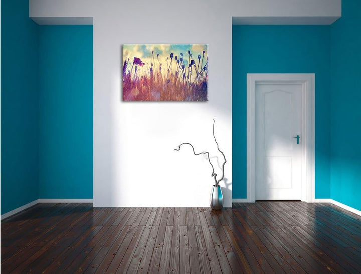 Pixxprint Mohn im Weizenfeld Kunst Buntstift Effekt, Format: 100x70 auf Leinwand, 100x70