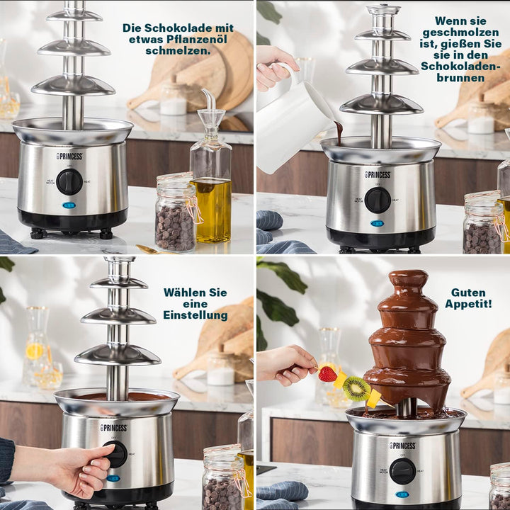 Princess Schokoladenbrunnen XXL – 4 Etagen, Warmhaltefunktion, 190 Watt, 1,1 Liter, PFOA und BPA Fre