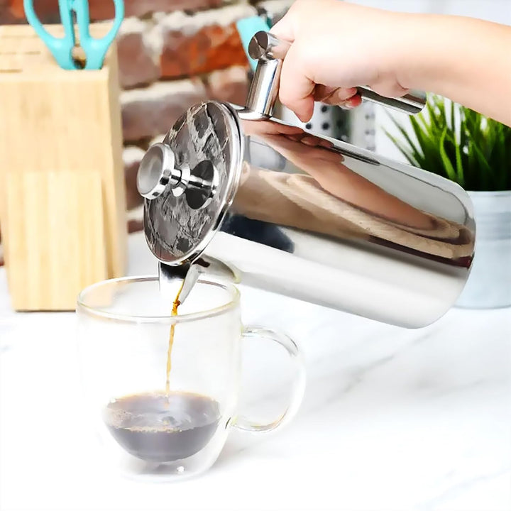 French Press Edelstahl Kaffeebereiter 1 Liter - Doppelwandige Thermo Kaffeepresse für Filterkaffee A