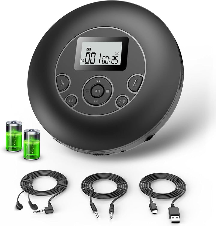 DESOBRY Tragbarer CD-Player, Wiederaufladbarer Discman CD Player mit Kopfhörer, Hold Lock und Anti-S