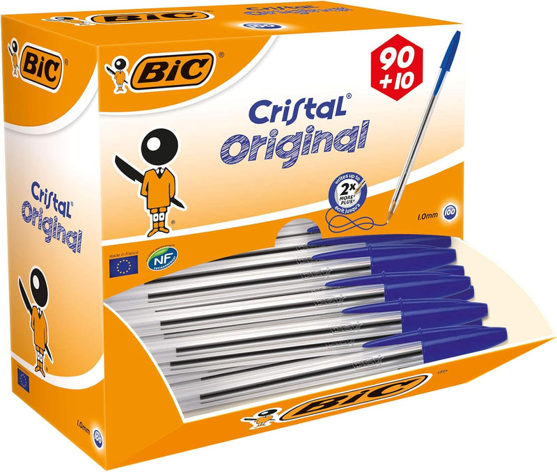 BIC Kugelschreiber Set Cristal Original, in Blau, Strichstärke 0,4 mm, 100er Pack, Ideal für das Bür