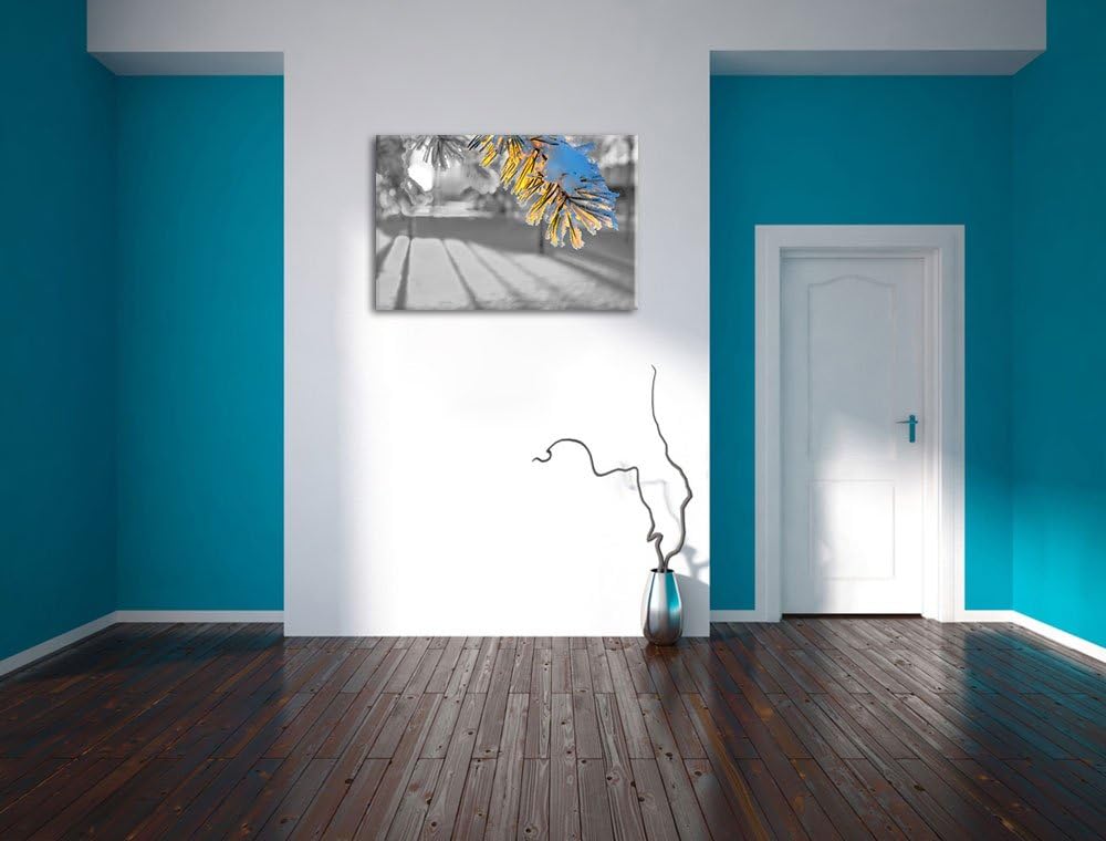 Tannenzweig im Winterwald schwarz/weiss Format: 100x70 auf Leinwand, XXL riesige Bilder fertig gerah