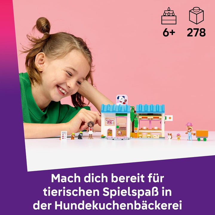 LEGO Friends Hundekuchenbäckerei - Kinder Einkaufsladen mit 2 Mini Puppen, 4 Tierfiguren, Tiertraget