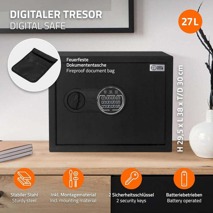 ECD Germany Safe Tresor Feuerfest 27L 38x30x29,5cm, Stahl, Wandtresor mit Sensorlicht & Digitale Tas
