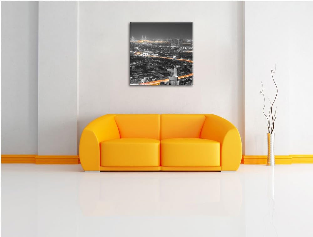 Pixxprint Lichtermeer Grossstadt bei Nacht schwarz/weiss, Format: 70x70 auf Leinwand, 70x70