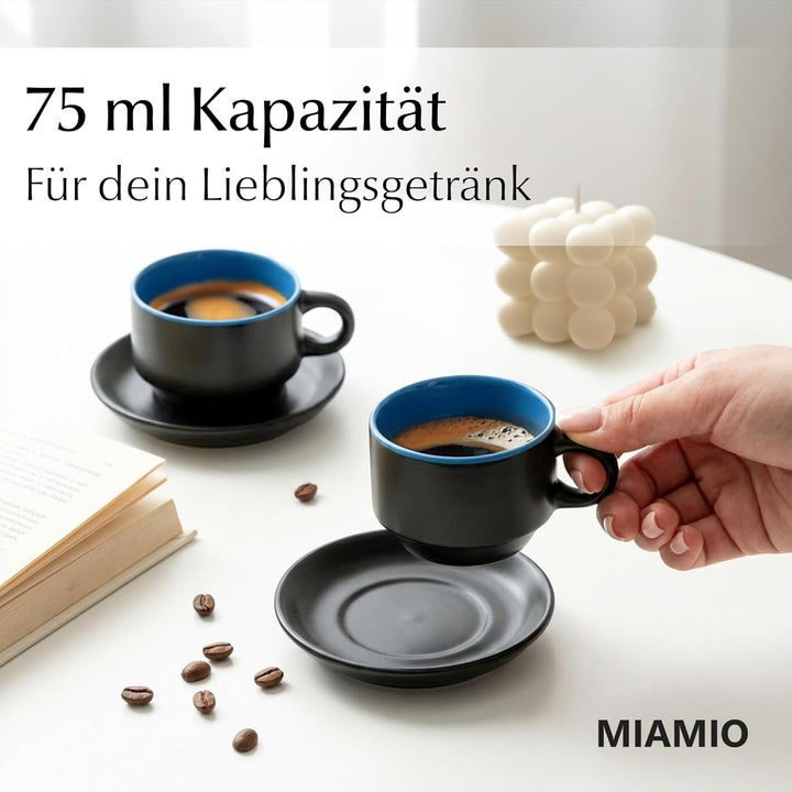MIAMIO - 6 x 75 ml Espressotassen Set/Espresso Tassen Set mit Untertasse & Ständer - Kaffeetassen Se