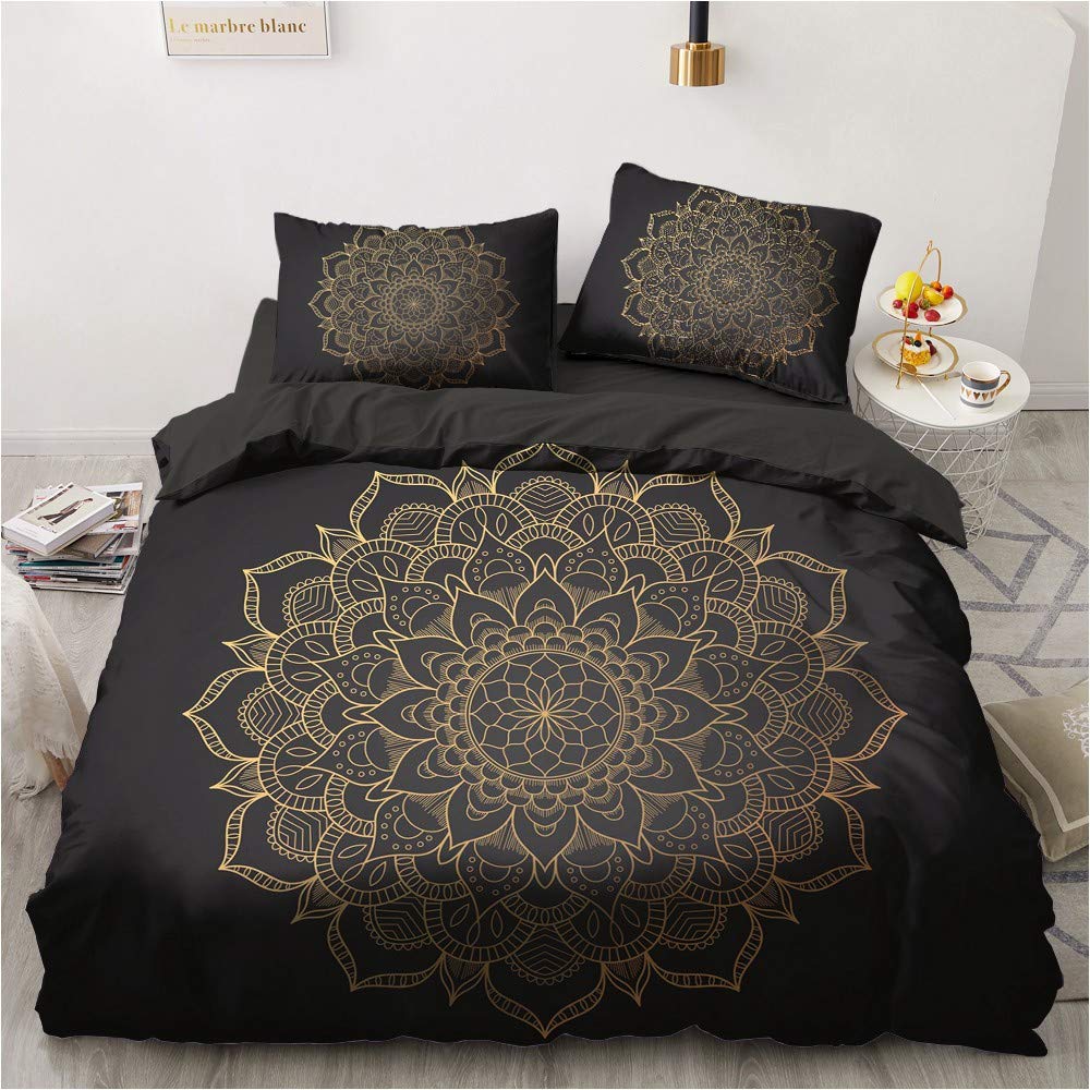 Luowei Boho Bettwäsche 135x200 4 Teilig Schwarz Gold Mandala Muster Bettwäsche Set Mikrofaser Vintag