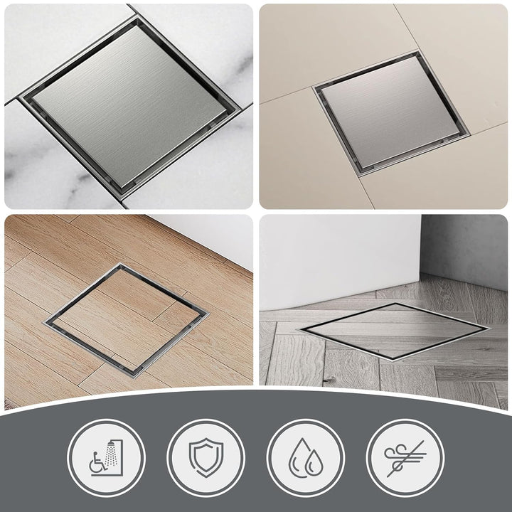 15x15cm Duschrinne Quadrat, Befliesbar Duschablauf Komplettset Edelstahl mit 360° Siphon Geruchsstop