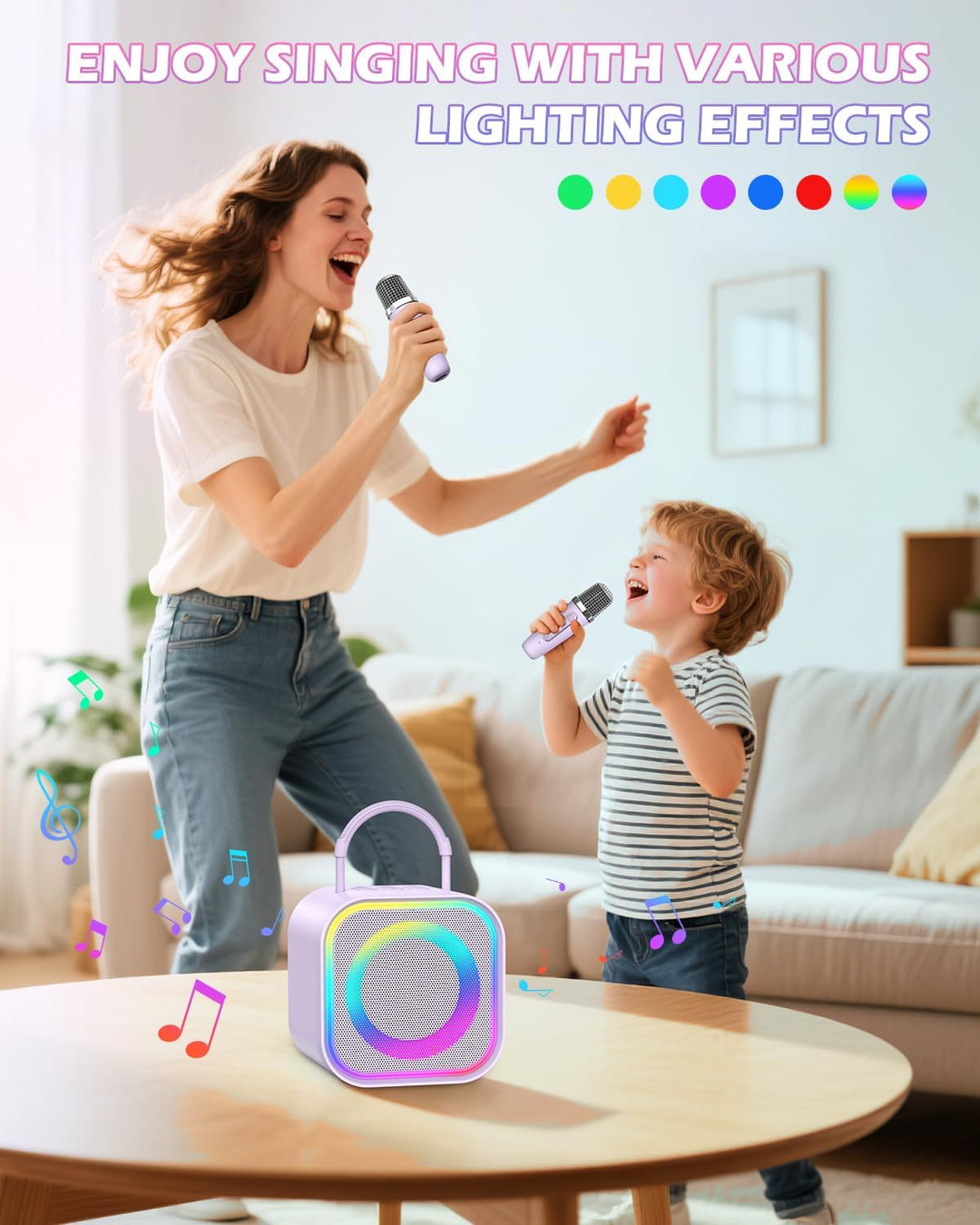 LOFICOPER Karaoke Maschine Kinder mit 2 Mikrofones, Tragbaren Bluetooth Lautsprecher mit 5 Farbige L