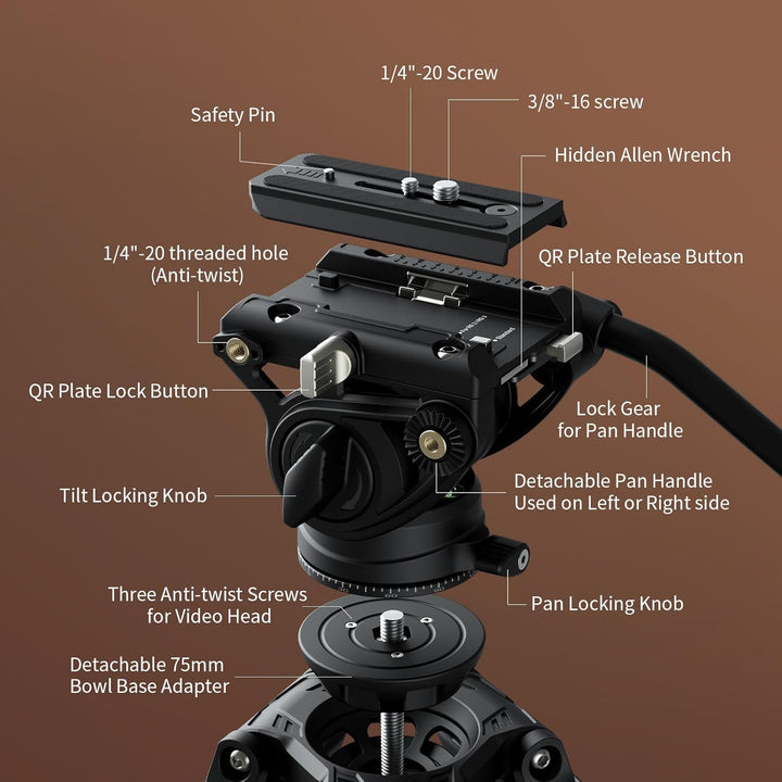 SMALLRIG Heavy-Duty Stativ aus Kohlefaser mit Einstufiger FreeSpeed-Höhenverstellung, 75 Zoll, Fluid