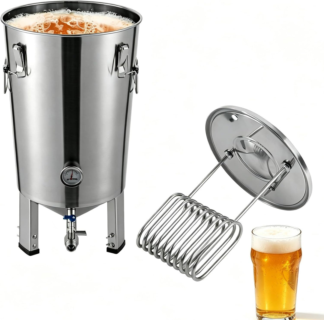 Edelstahl Gärbehälter 32L, Bierbrauanlage mit Kühlspirale, Fermenter | Bierbrauset mit Temperaturanz