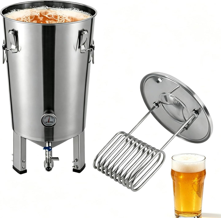 Edelstahl Gärbehälter 32L, Bierbrauanlage mit Kühlspirale, Fermenter | Bierbrauset mit Temperaturanz