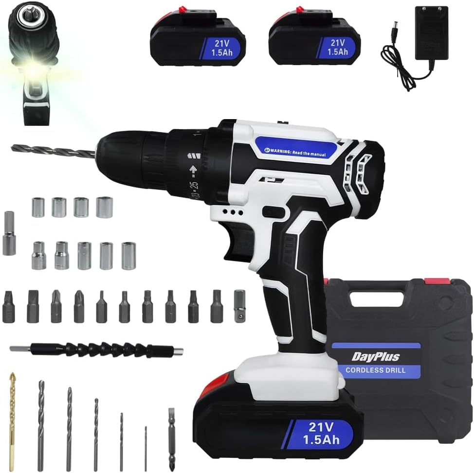Akku-Bohrschrauber 21V Akkuschrauber Set mit 1500mAh Akku und 24tlg Zubehör, 45 N.m Max akku bohrmas