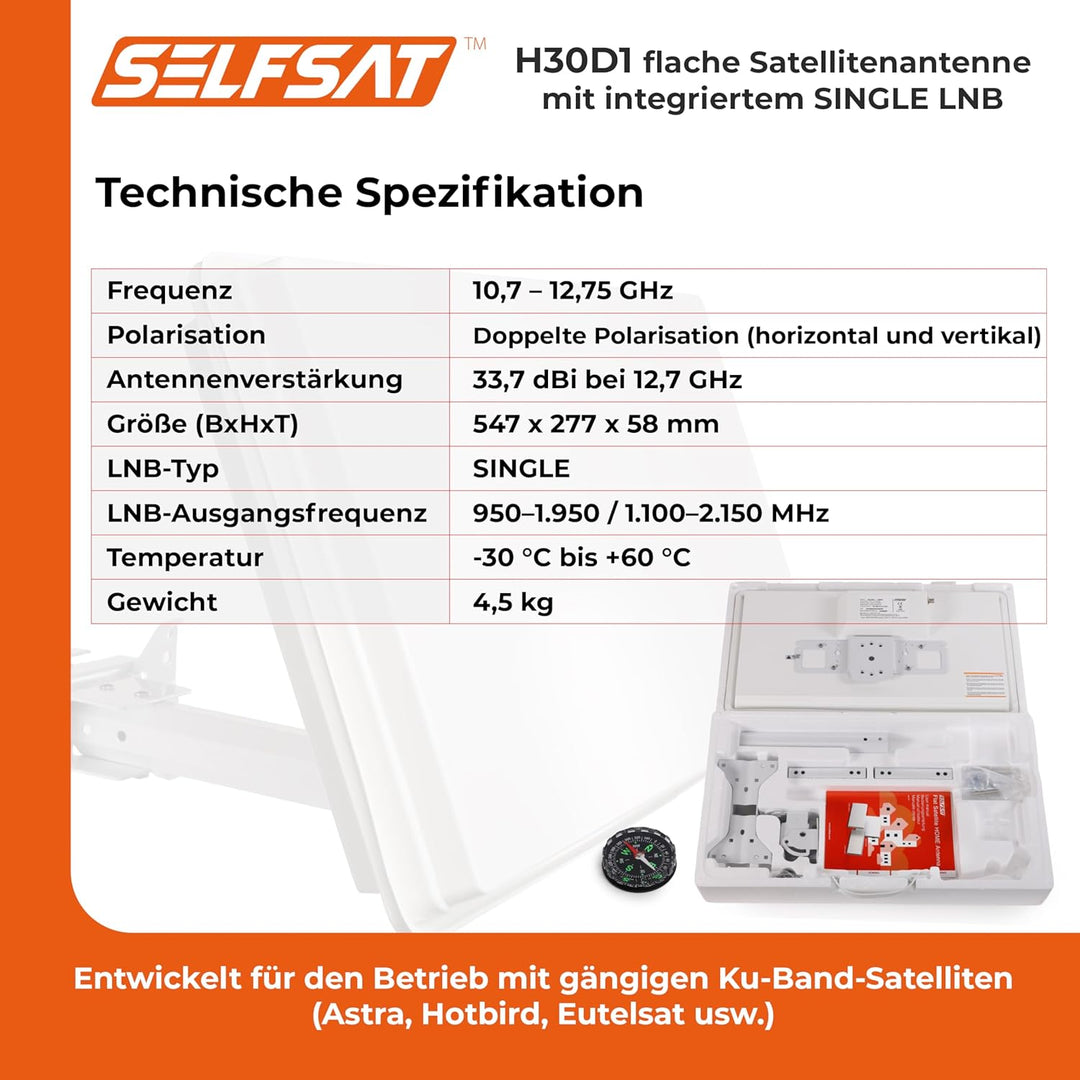 Selfsat H30 D1 Flachantenne für 1 Teilnehmer weiss Single Single, Single Single