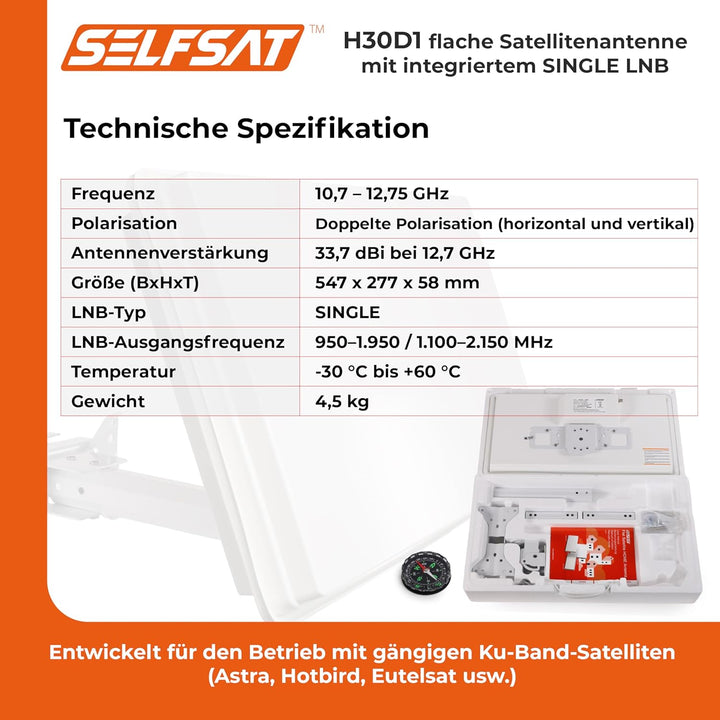 Selfsat H30 D1 Flachantenne für 1 Teilnehmer weiss Single Single, Single Single