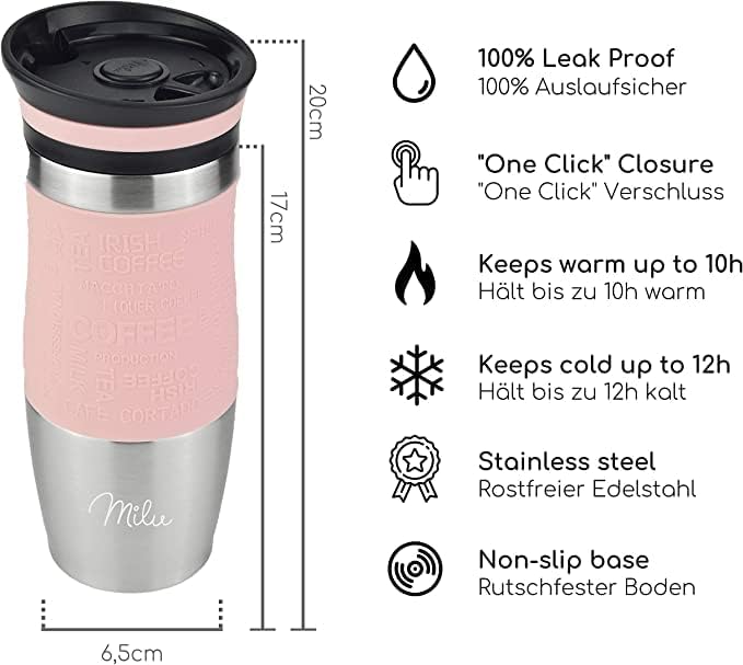 Milu Thermobecher 370ml 450ml Isolierbecher Kaffeebecher to go - 100% Auslaufsicher - Trinkbecher au