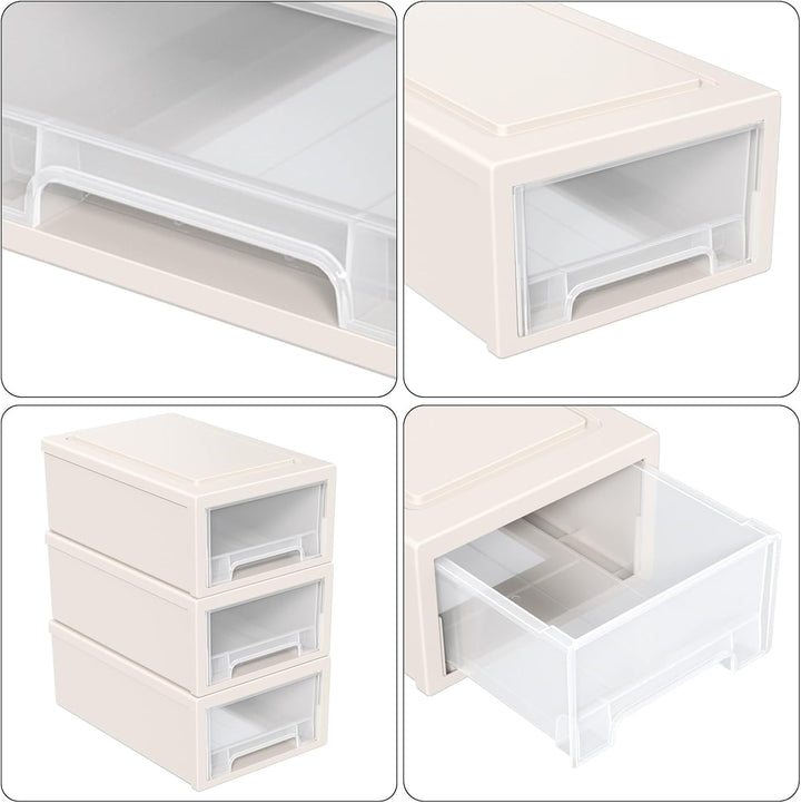Stapelbare Schubladeneinheit aus Kunststoff, 6,8 l, 3 Packungen, Beige | Kleiner Schubladen-Organize
