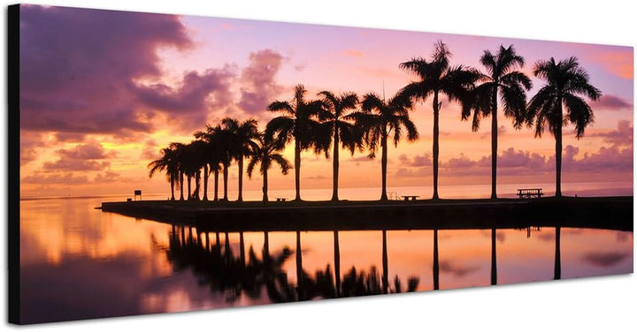 Paul Sinus Art Panoramabild auf Leinwand und Keilrahmen 150x50cm Miami Meer Palmen Sonnenaufgang Spi