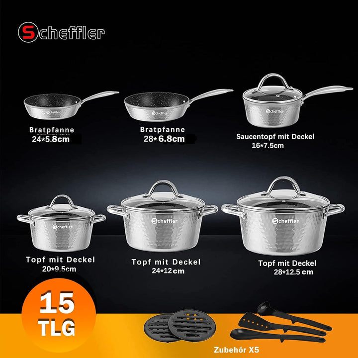 Topfset,Scheffler Topfset Induktion 15-teilig, Induktions Töpfe Set，Töpfe mit Glasdeckel, Kochtopf-S