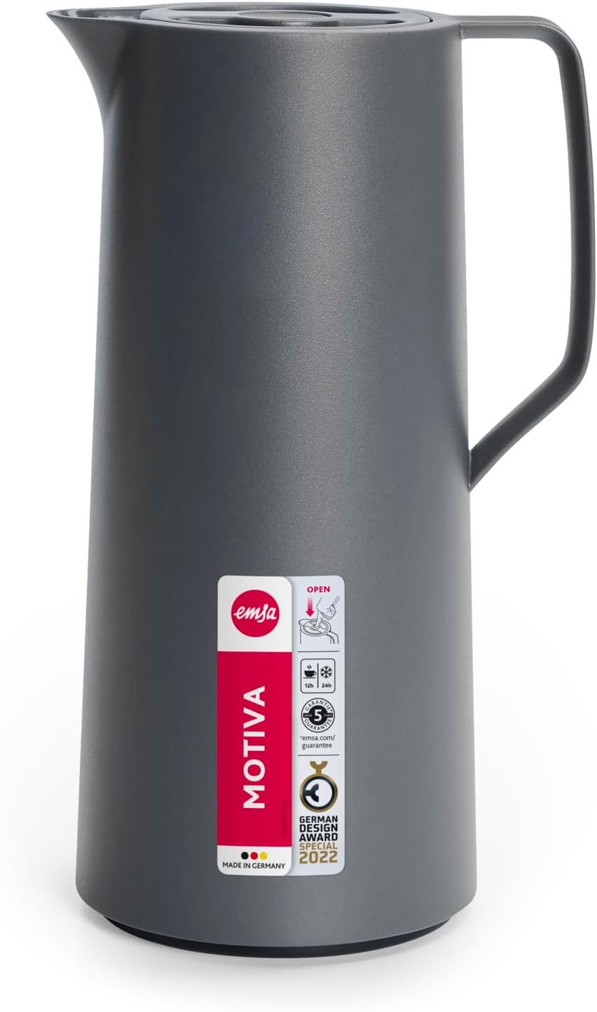 Emsa N41701 Motiva Isolierkanne | 1 Liter | Quick-Press-Verschluss | 12h heiss, 24h kalt | Glaskolbe
