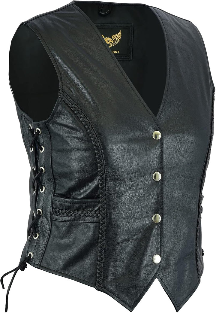 Leatherick Damen Braided motorradfahrer stil Leder weste schwarz XL Schwarz, XL Schwarz
