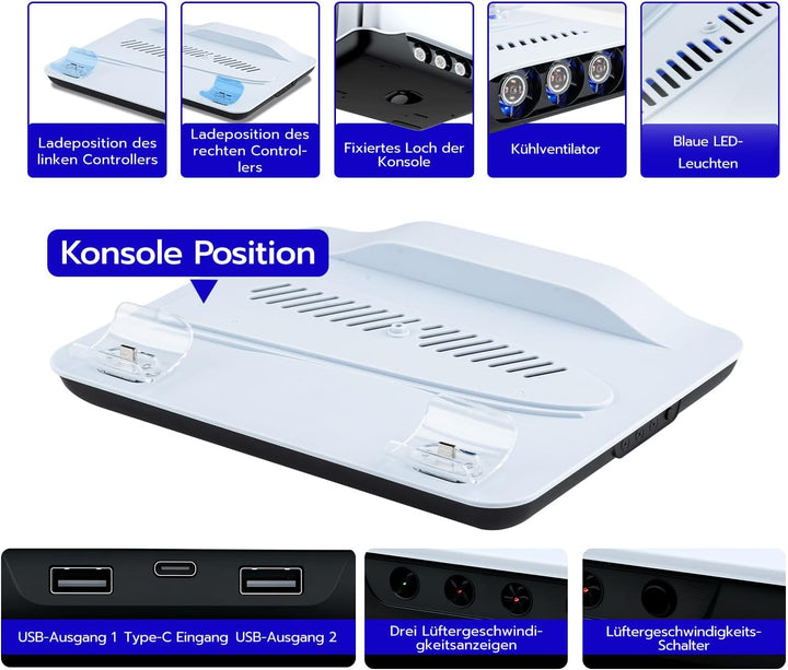 Wigearss PS5/PS5 Slim/PS5 Pro Kühler Standfuss mit Dual Controller Ladegerät, PS5 Controller Ladesta