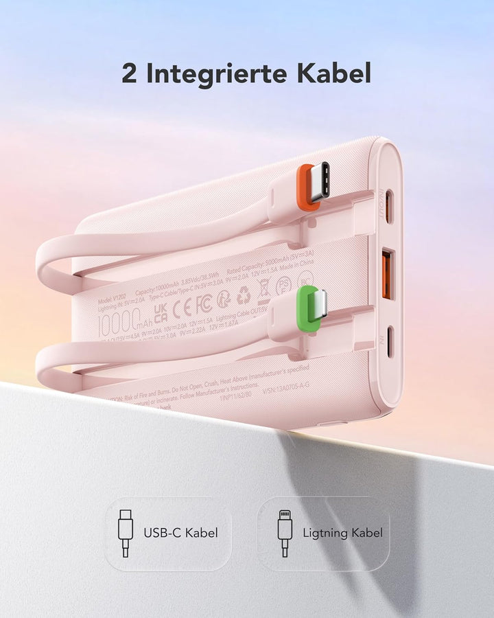 VEGER Power Bank 10000mAh Klein, 22.5W Schnellladung PowerBank mit Integriertem USB-C Kabel, Externe