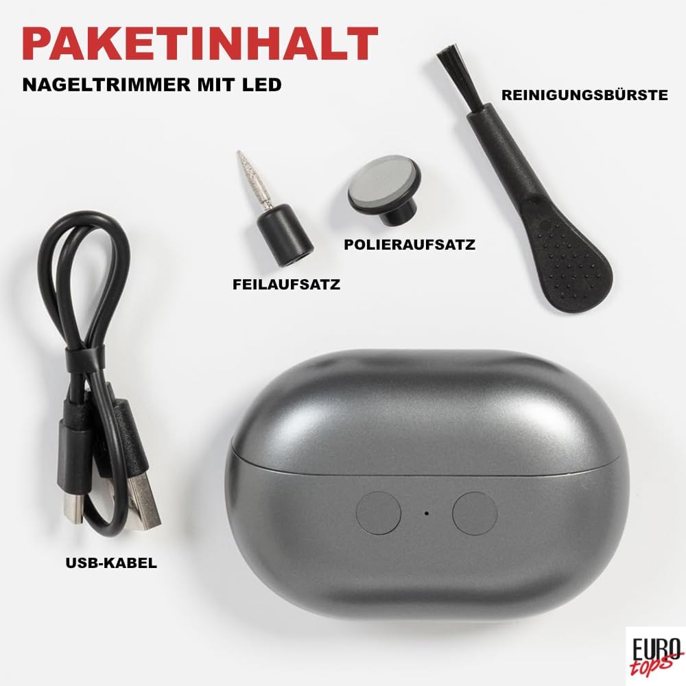 EUROtops Nageltrimmer mit LED, Feile und Polierfunktion, Akku, USB, Grau
